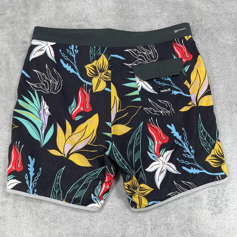 Hurley Board Shorts Men 36 Black‎ Phantom Floral Swim Trunks Drawstring Pocket